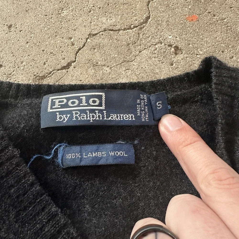 Vintage Polo Ralph Lauren Mens Sweater Charcoal 100% Lambs Wool V-Neck Preppy SM